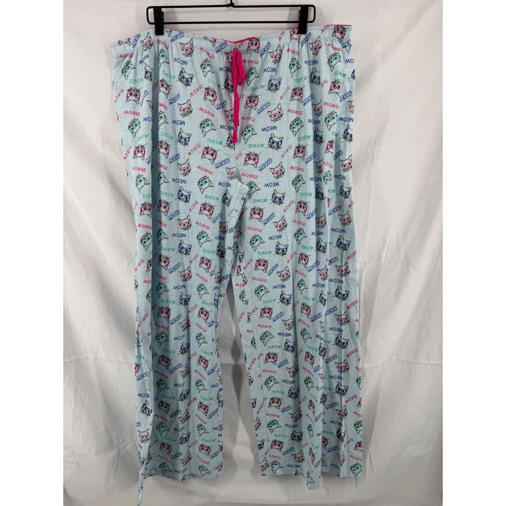 Dollhouse Pajama Pants Womens 3X Blue Cat Meow Print Cotton Sleep Bottoms NWT